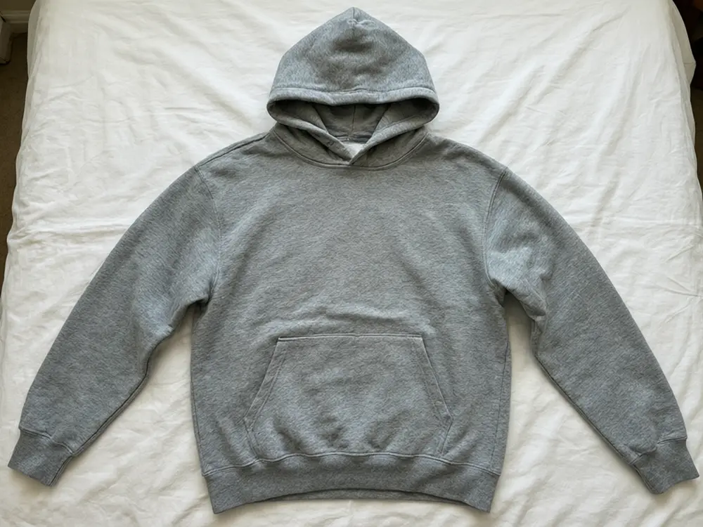 Product colour variant result: grey hoodie recoloured two-tone black and white before AI redesign