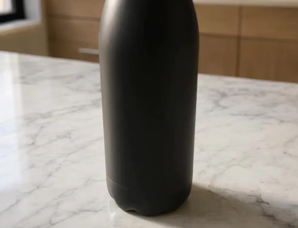Product video ad result: bottle photo and a frame from the generated video after AI redesign