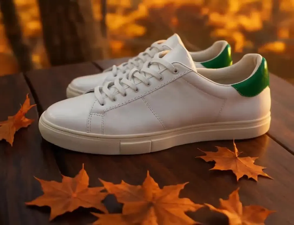Product video ad result: sneaker photo and a frame from the generated showcase video after AI redesign