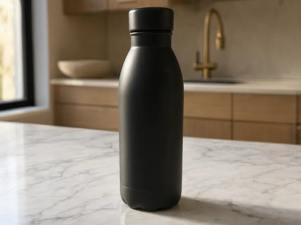 Product video ad result: bottle photo and a frame from the generated video before AI redesign