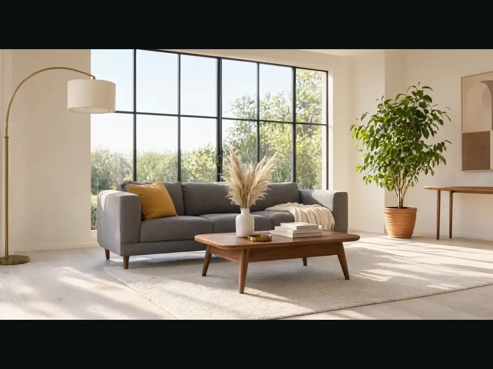 Real estate video result: living room listing photo and a frame from the generated walkthrough clip after AI redesign