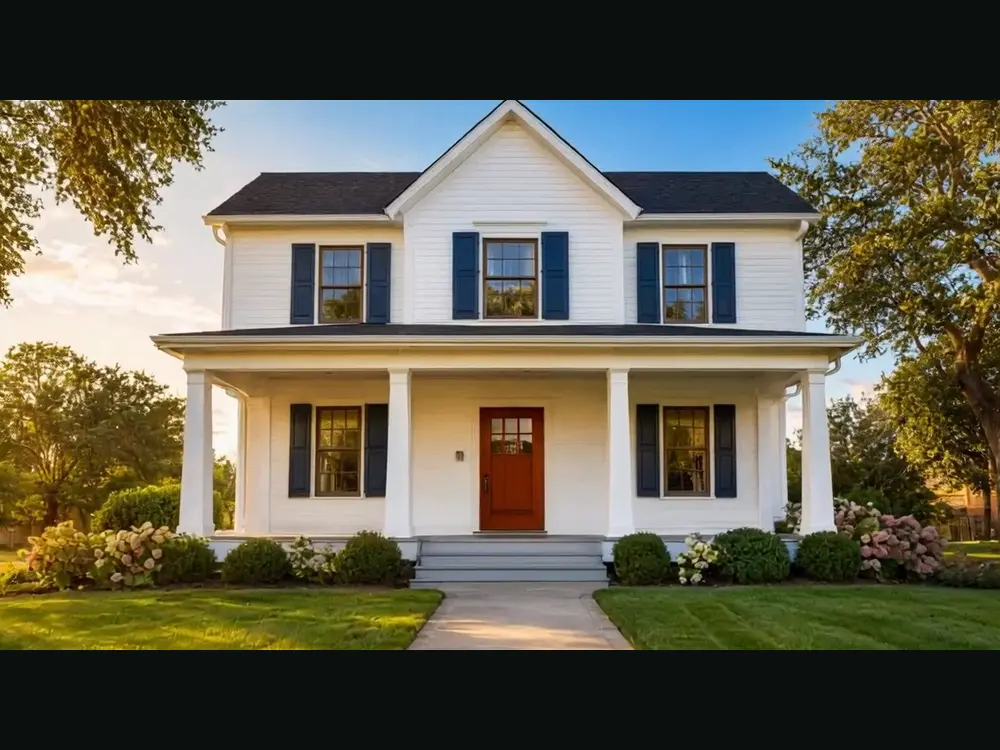 Real estate video result: house exterior photo and a frame from the generated exterior reveal clip after AI redesign