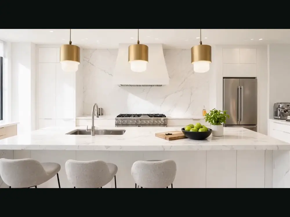 Real estate video result: kitchen listing photo and a frame from the generated detail clip after AI redesign