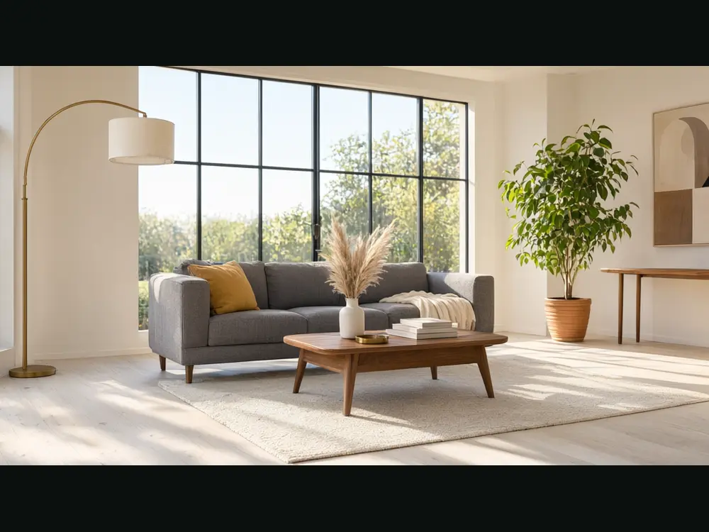 Real estate video result: living room listing photo and a frame from the generated walkthrough clip before AI redesign