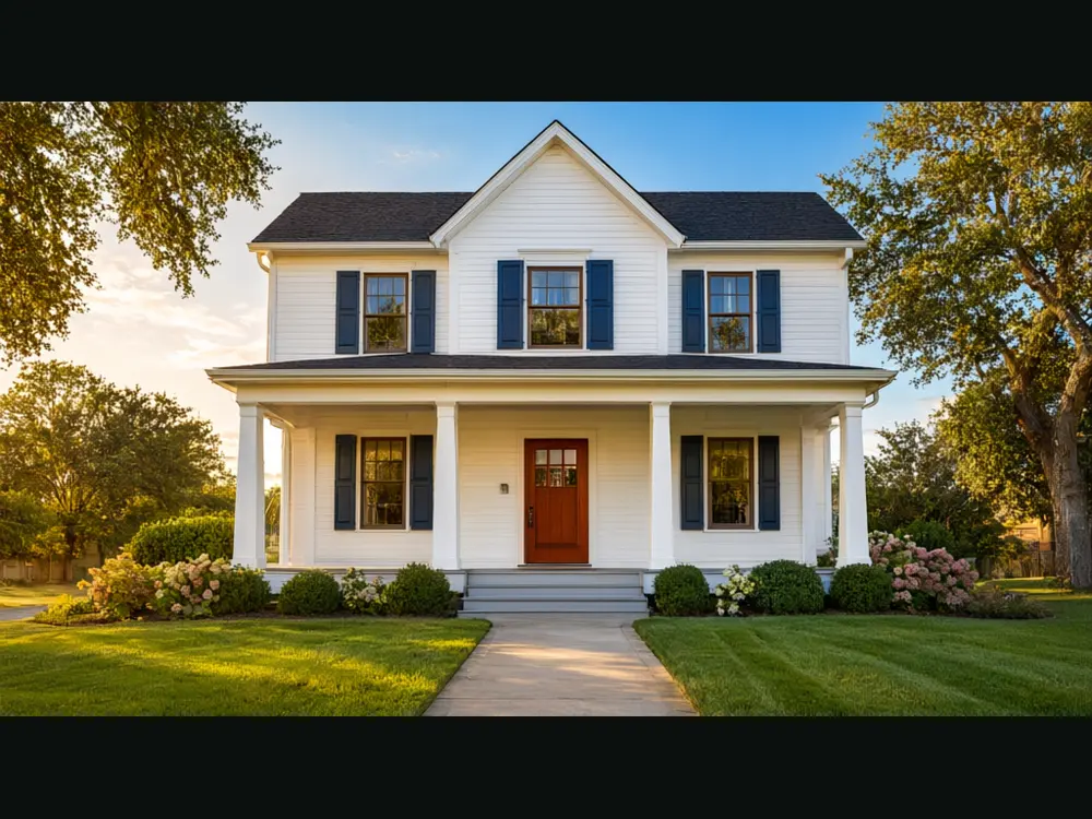 Real estate video result: house exterior photo and a frame from the generated exterior reveal clip before AI redesign