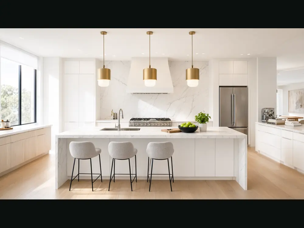 Real estate video result: kitchen listing photo and a frame from the generated detail clip before AI redesign