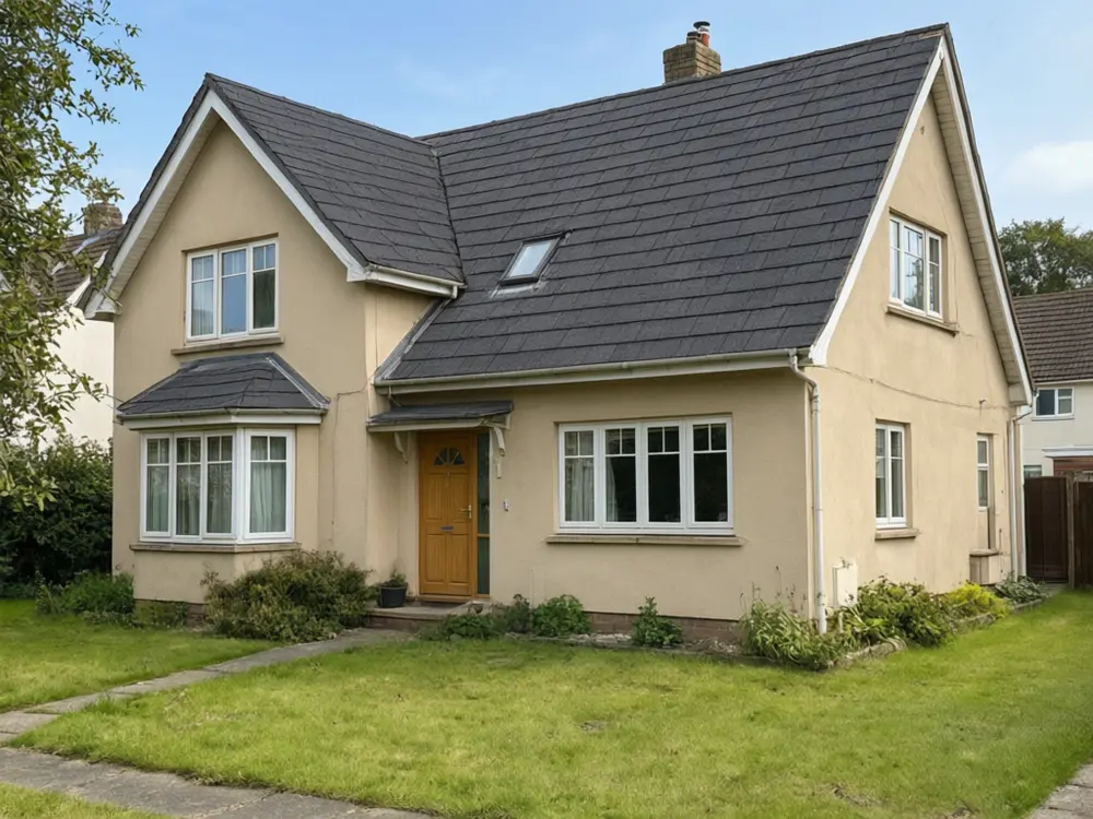 Roof color visualizer result: a house with a new charcoal grey shingle roof after AI redesign