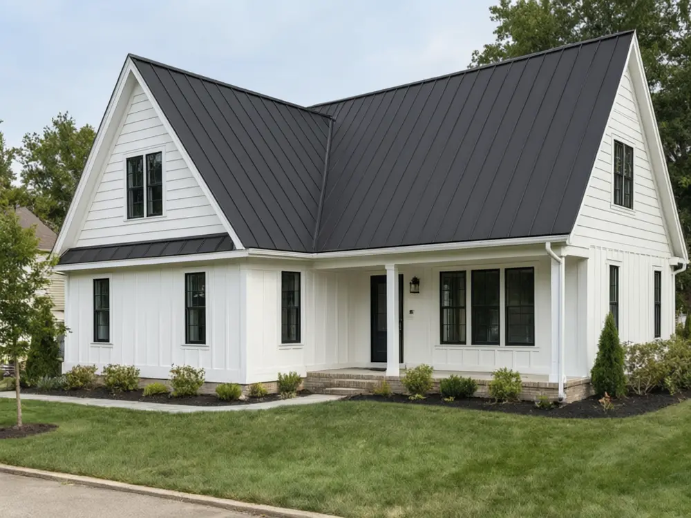 Roof color visualizer result: a house with a new matte black standing-seam metal roof after AI redesign