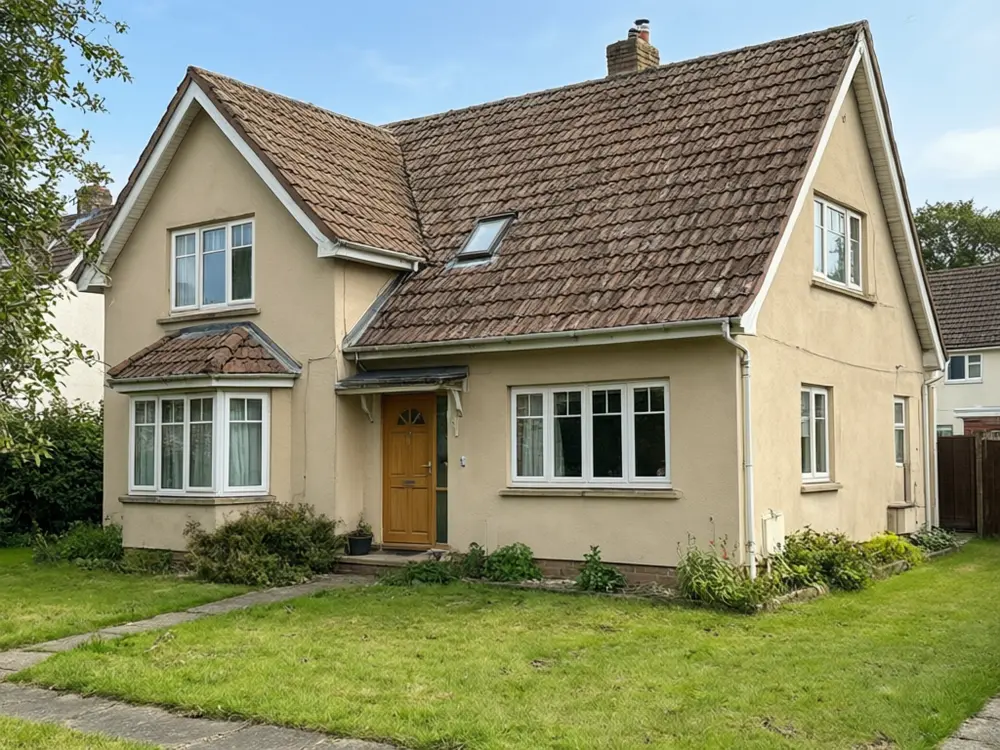 Roof color visualizer result: a house with a new charcoal grey shingle roof before AI redesign
