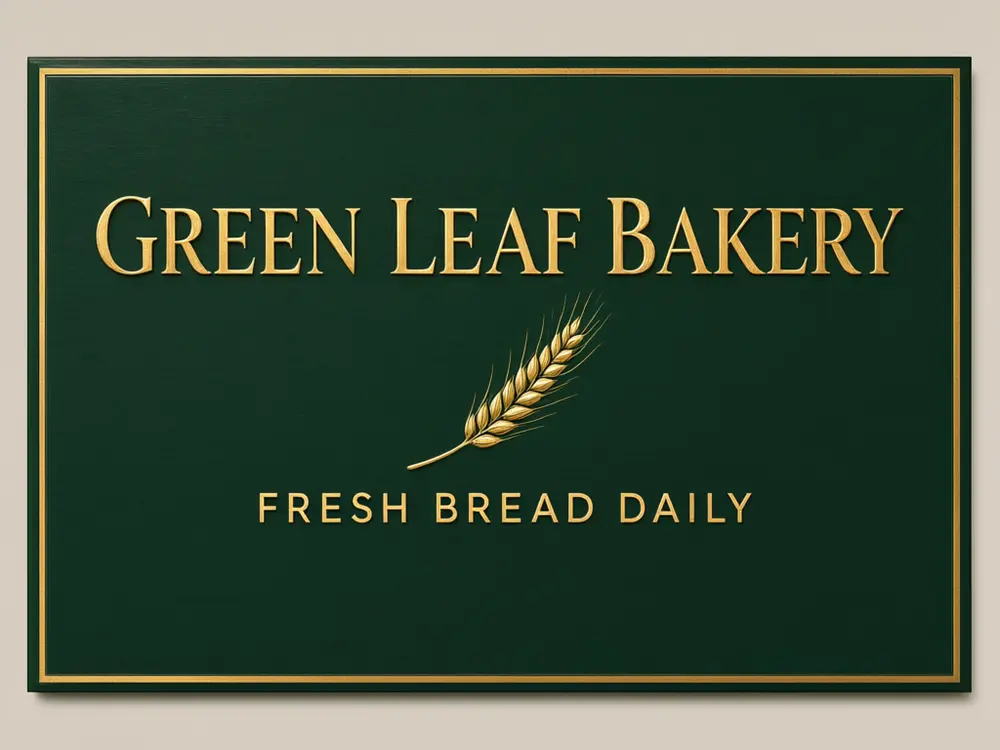 AI storefront sign design for GREEN LEAF BAKERY in painted wood and gold after AI redesign