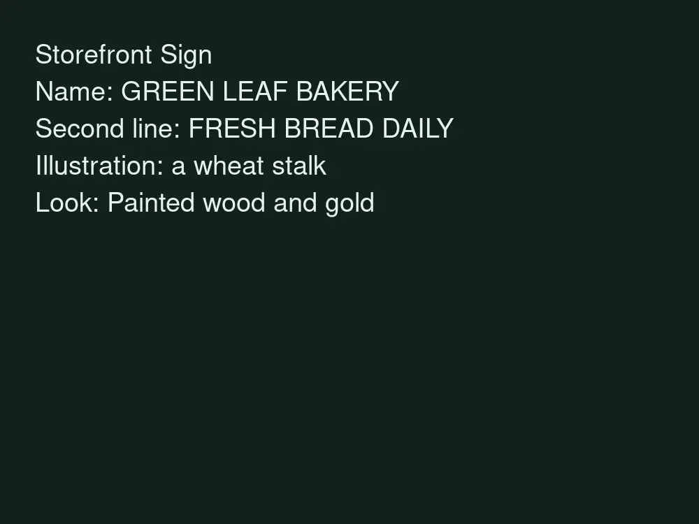 AI storefront sign design for GREEN LEAF BAKERY in painted wood and gold before AI redesign