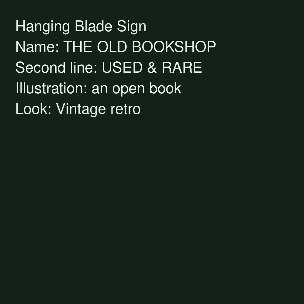 AI hanging blade sign design for THE OLD BOOKSHOP in vintage style before AI redesign