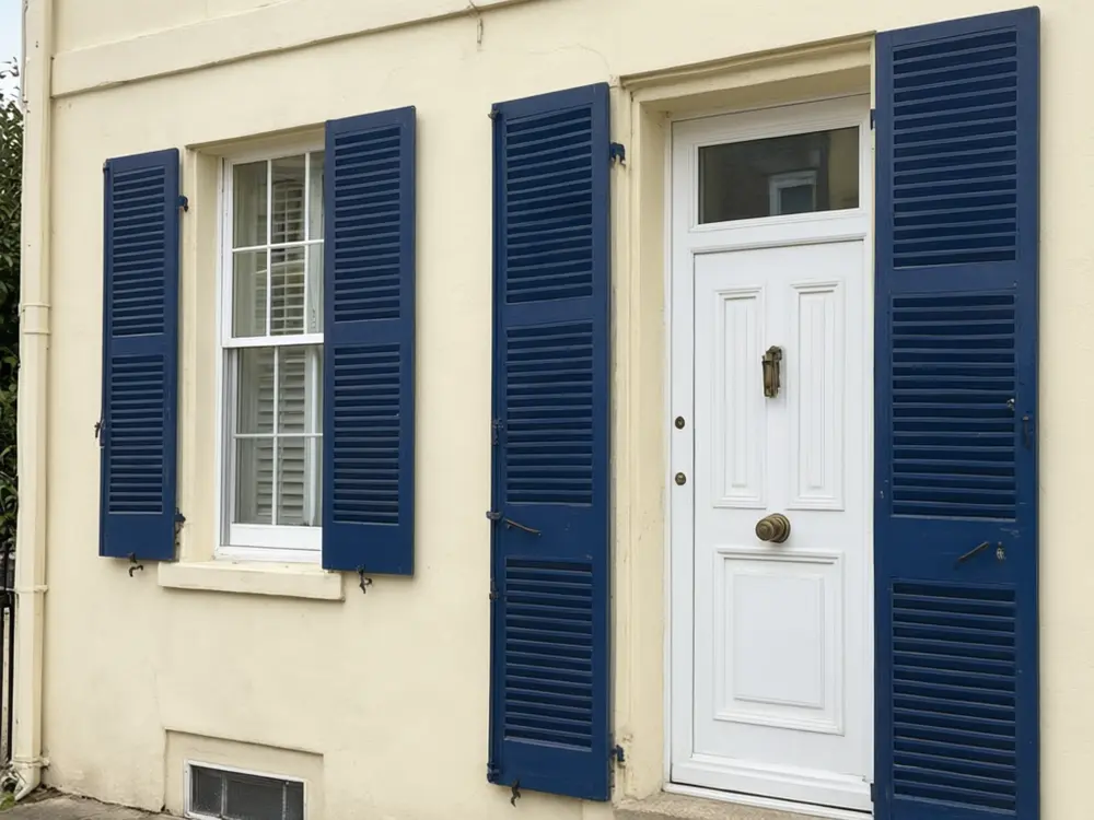 Shutter visualizer result: navy shutters on a cream coloured house after AI redesign