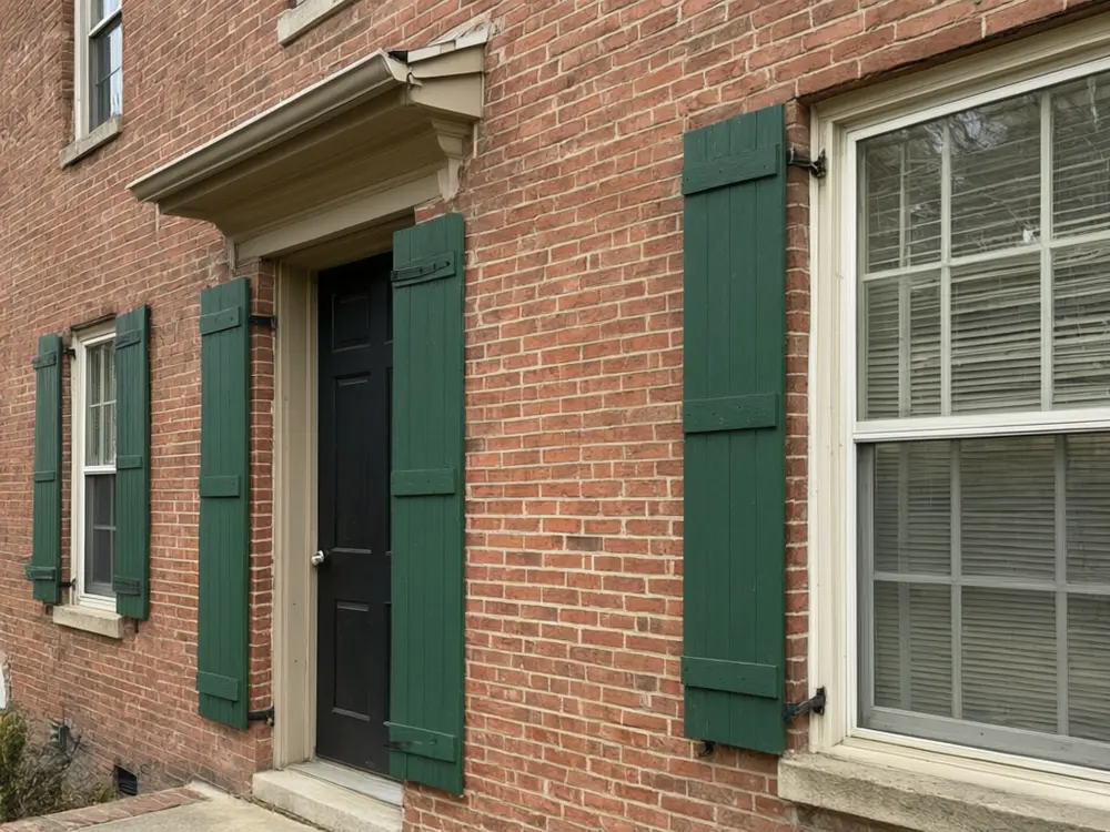 Shutter visualizer result: forest green board and batten shutters on a red brick house after AI redesign