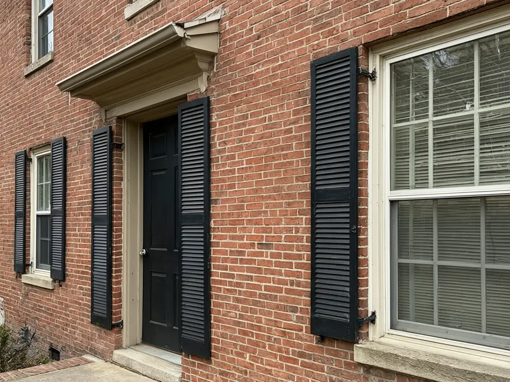 Shutter visualizer result: forest green board and batten shutters on a red brick house before AI redesign