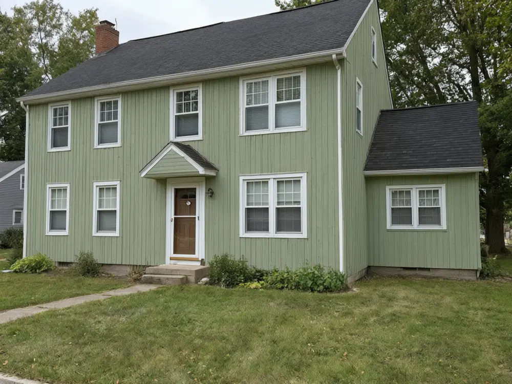 Siding visualizer result: a house with new sage green board and batten siding after AI redesign