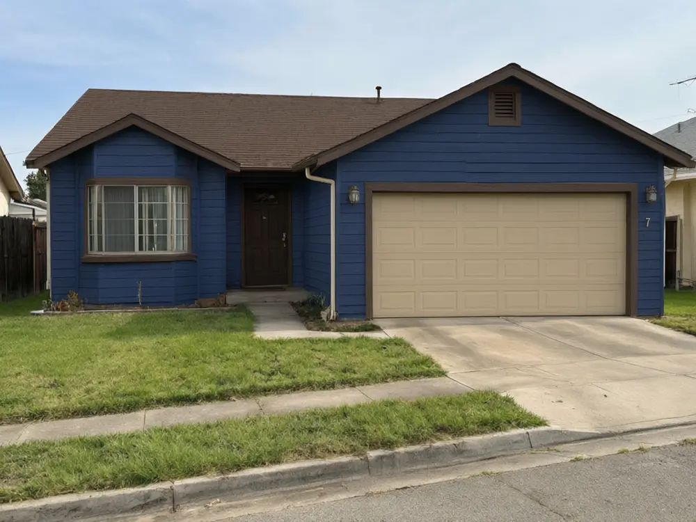 Siding visualizer result: a house with new navy blue horizontal lap siding after AI redesign