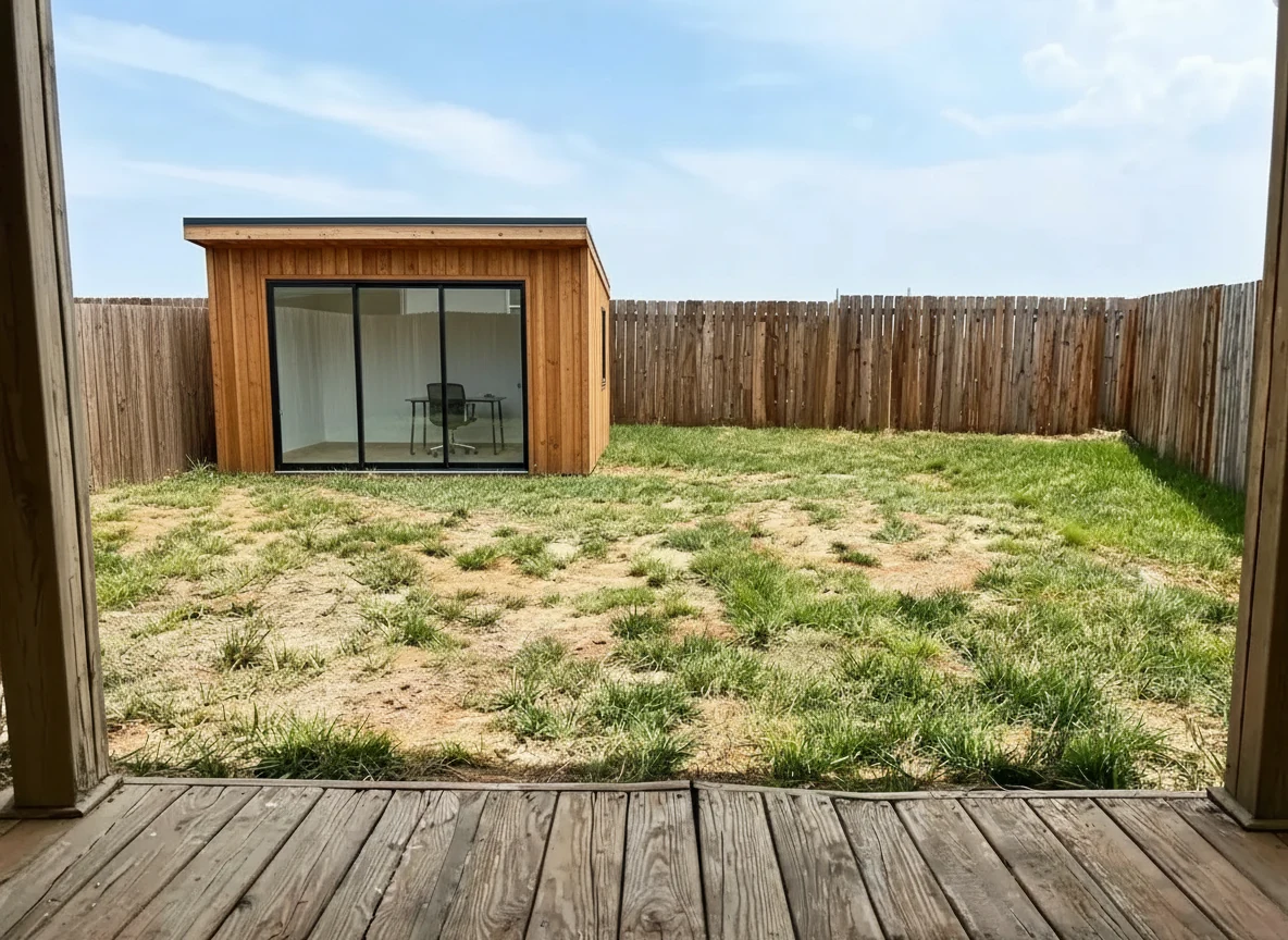 Garden studio placed at real scale against the existing fence โ the lawn and decking are untouched โ after