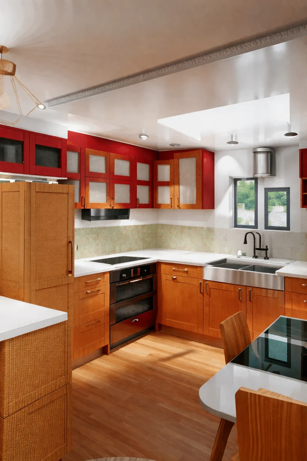 Worktop clutter cleared to bare surfaces — cabinets, backsplash, appliances and layout untouched — after