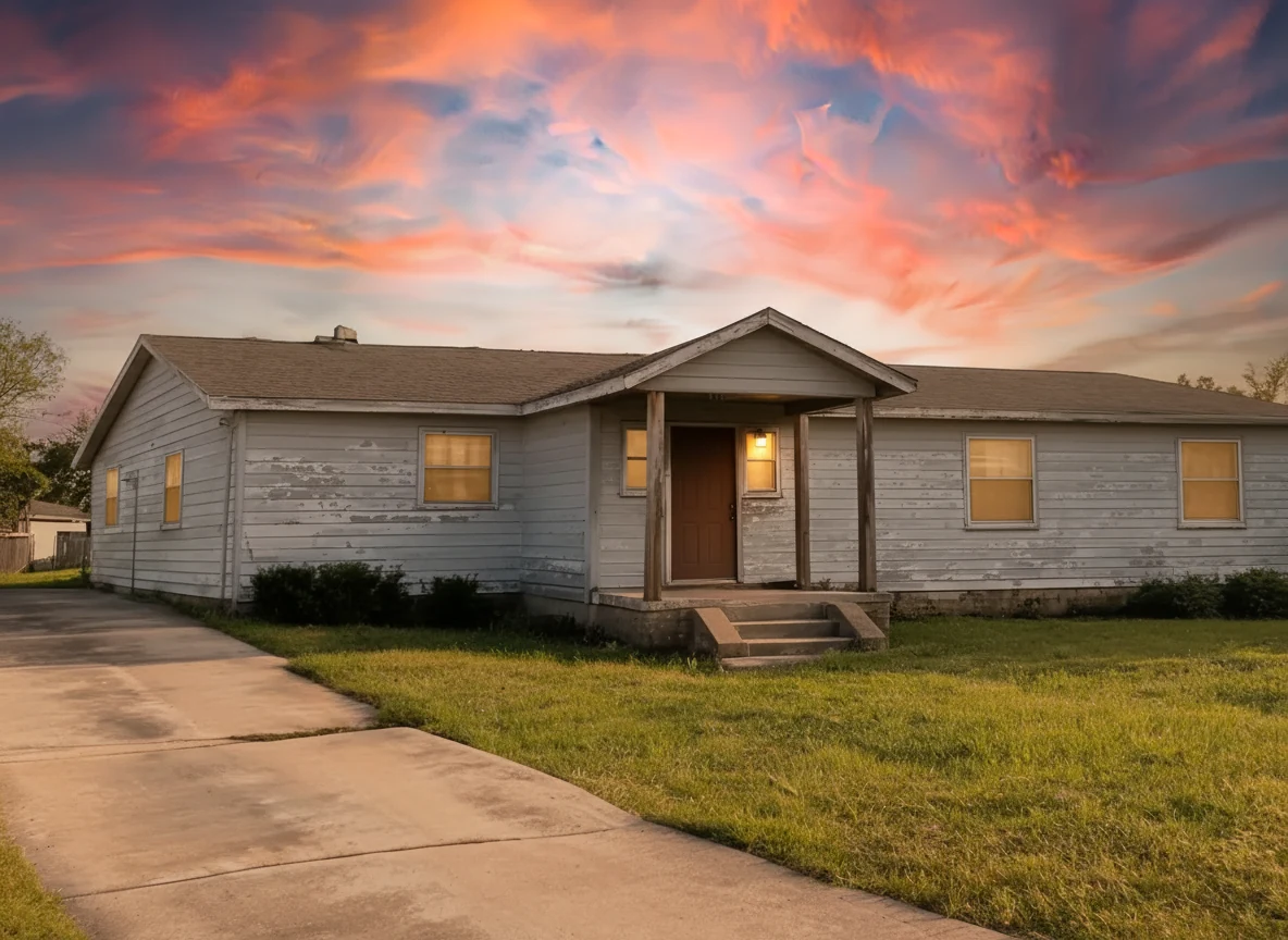 A house that needs painting still needs painting at dusk — the peeling siding is untouched — after