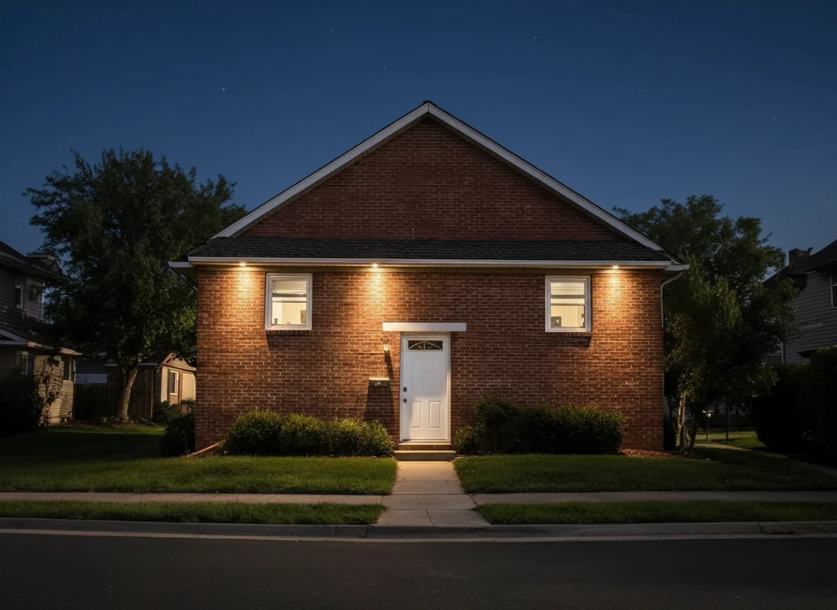 Flat daylight on brick converts cleanly — facade uplighting and warm window glow added, brickwork unchanged — after