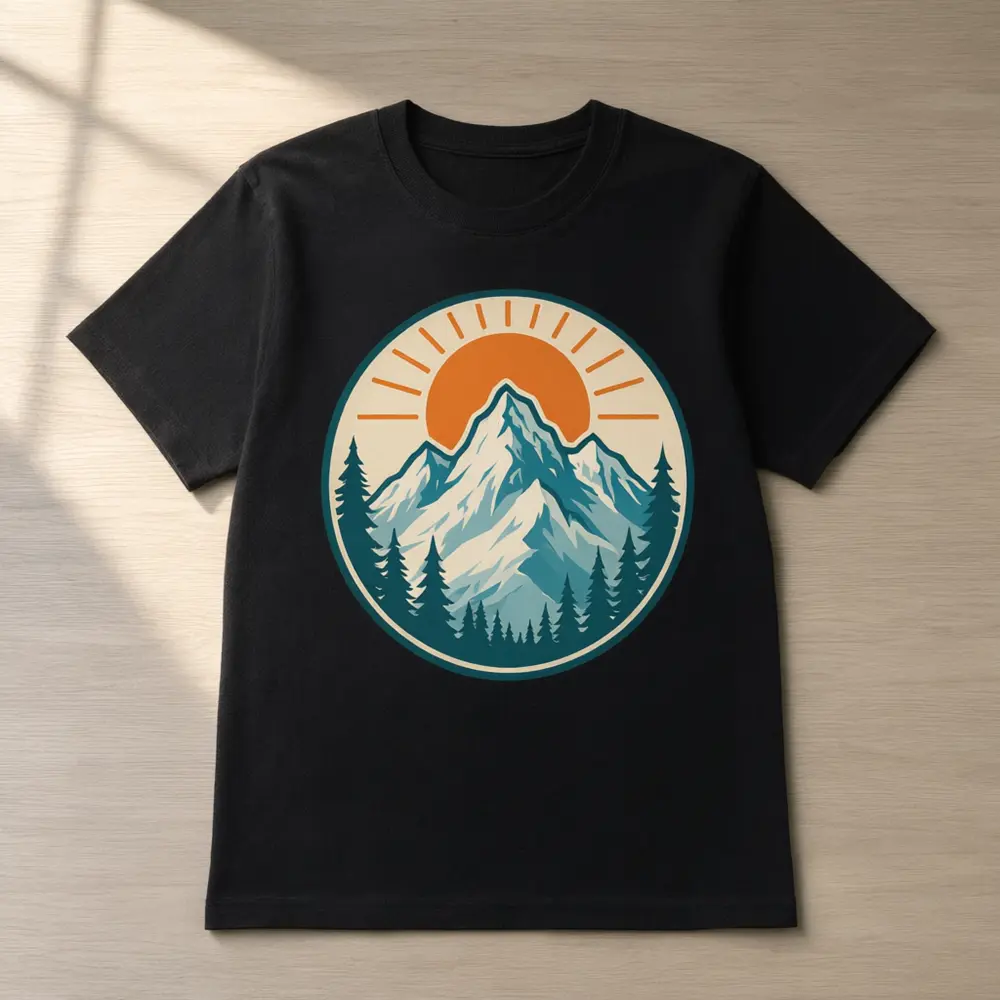 T-shirt mockup result: mountain badge artwork printed on a black t-shirt laid flat on a wooden table after AI redesign