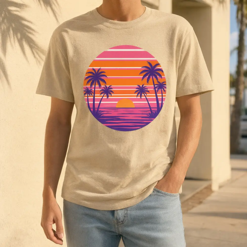 T-shirt mockup result: retro sunset artwork on a sand-coloured t-shirt worn without a face in the shot after AI redesign