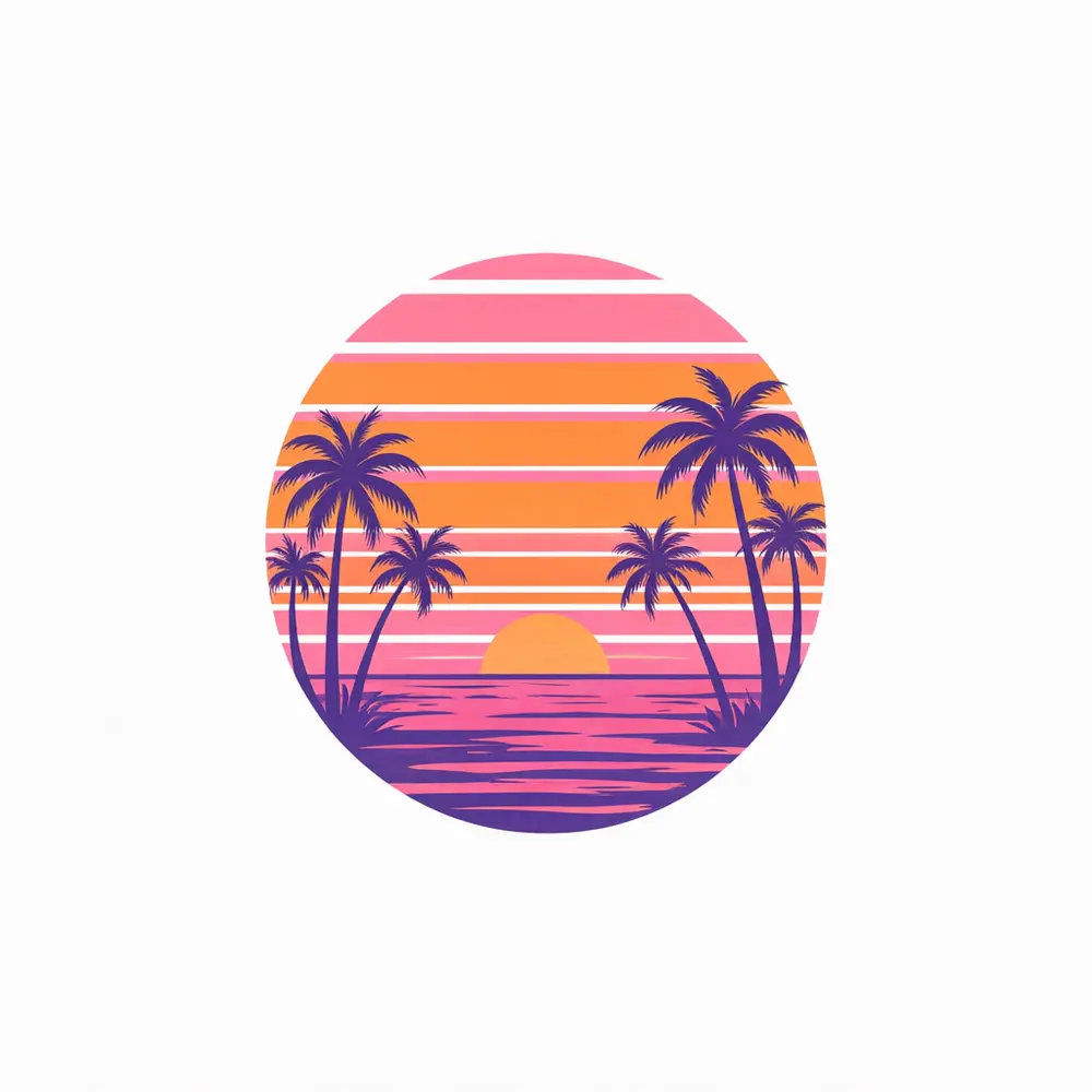 T-shirt mockup result: retro sunset artwork on a sand-coloured t-shirt worn without a face in the shot before AI redesign