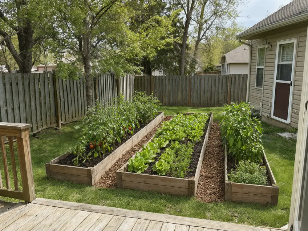 Vegetable garden layout planner result: three raised beds with vegetables on a backyard lawn after AI redesign