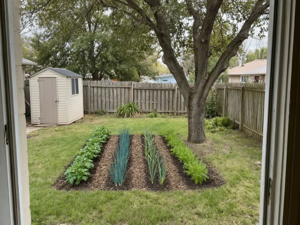 Vegetable garden layout planner result: neat in-ground vegetable rows in a country yard after AI redesign