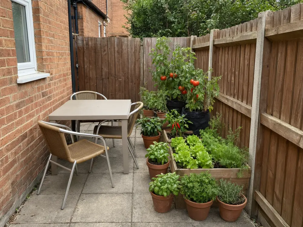 Vegetable garden layout planner result: pots and planters with vegetables on a small patio after AI redesign