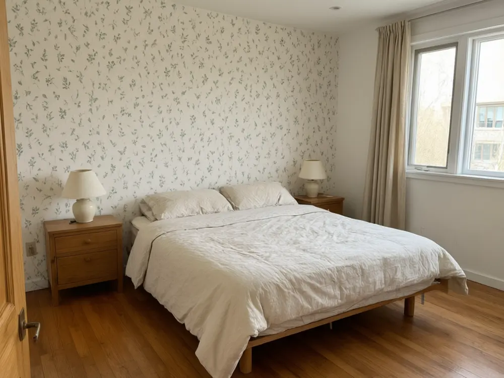 Wallpaper visualizer result: sage botanical wallpaper on the wall behind a bed after AI redesign