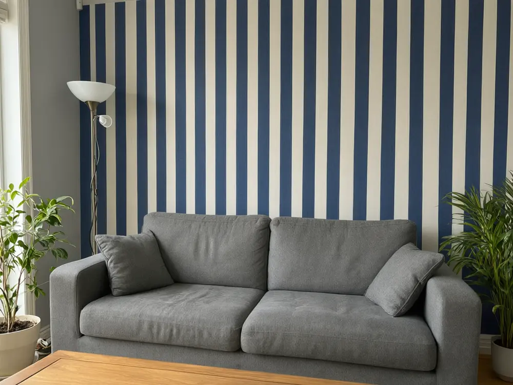 Wallpaper visualizer result: a navy and white striped accent wall behind a sofa after AI redesign