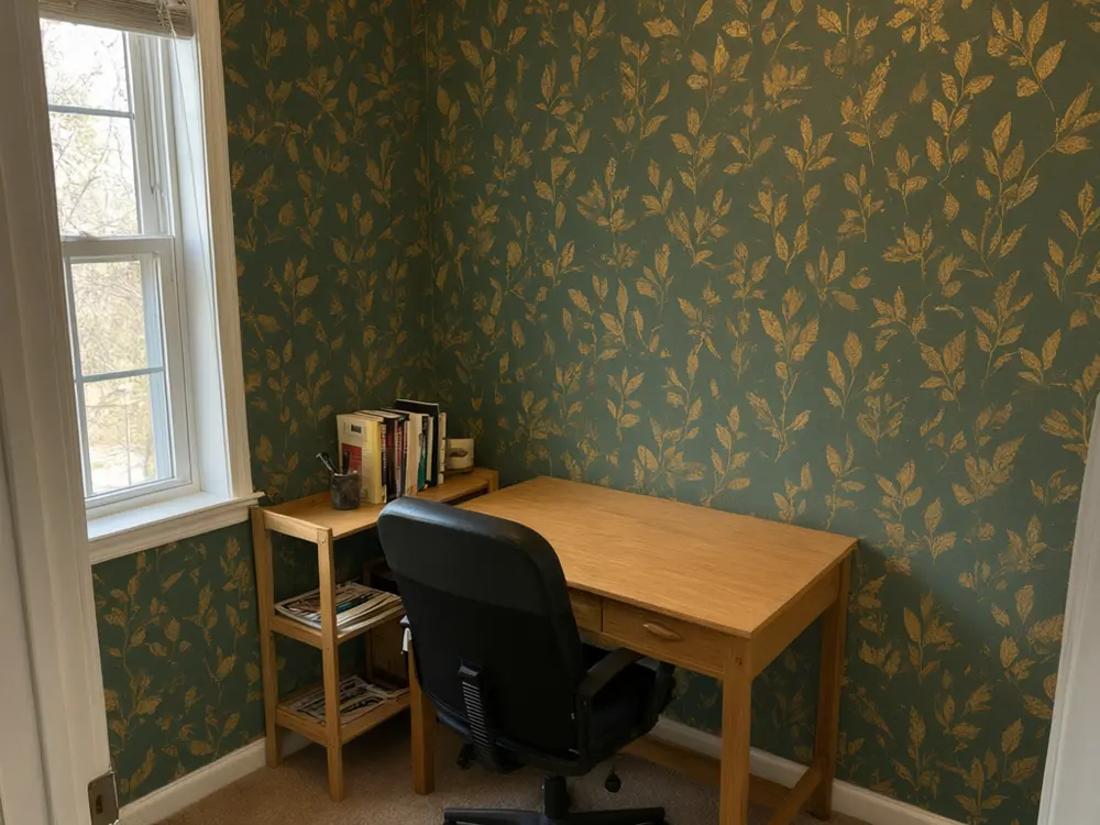 Wallpaper visualizer result: dark green wallpaper with gold leaf in a home office after AI redesign