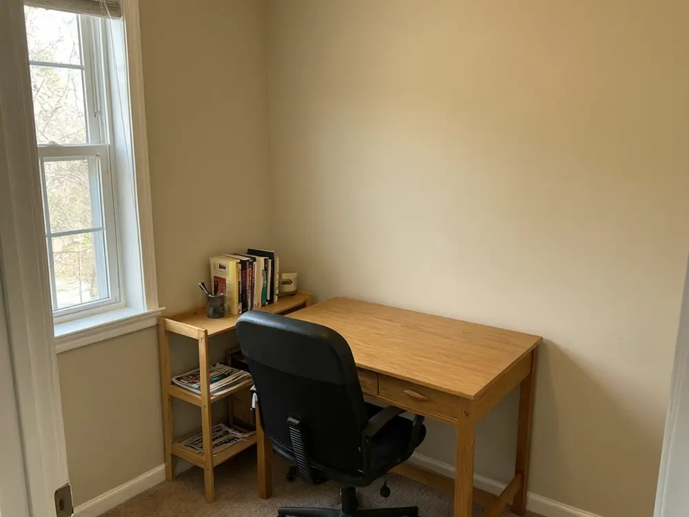Wallpaper visualizer result: dark green wallpaper with gold leaf in a home office before AI redesign