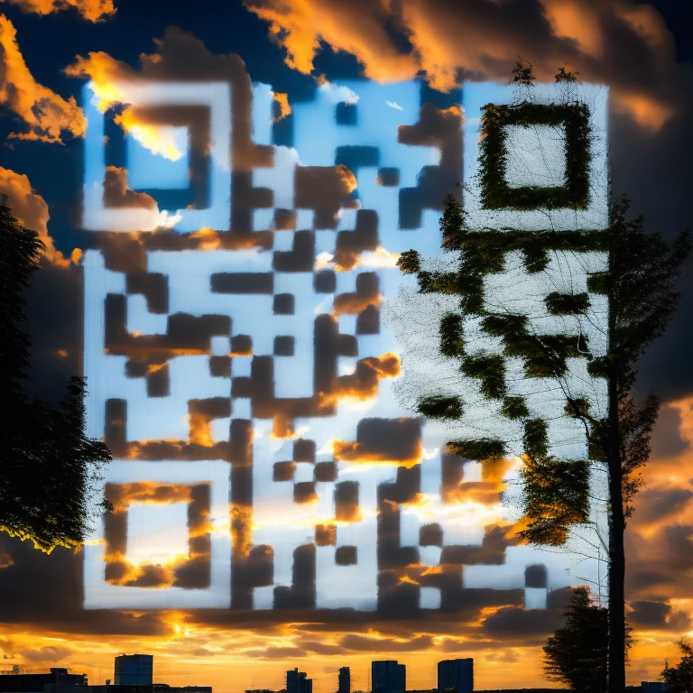AI QR code art of a city skyline with clouds that scans to aitwo.co